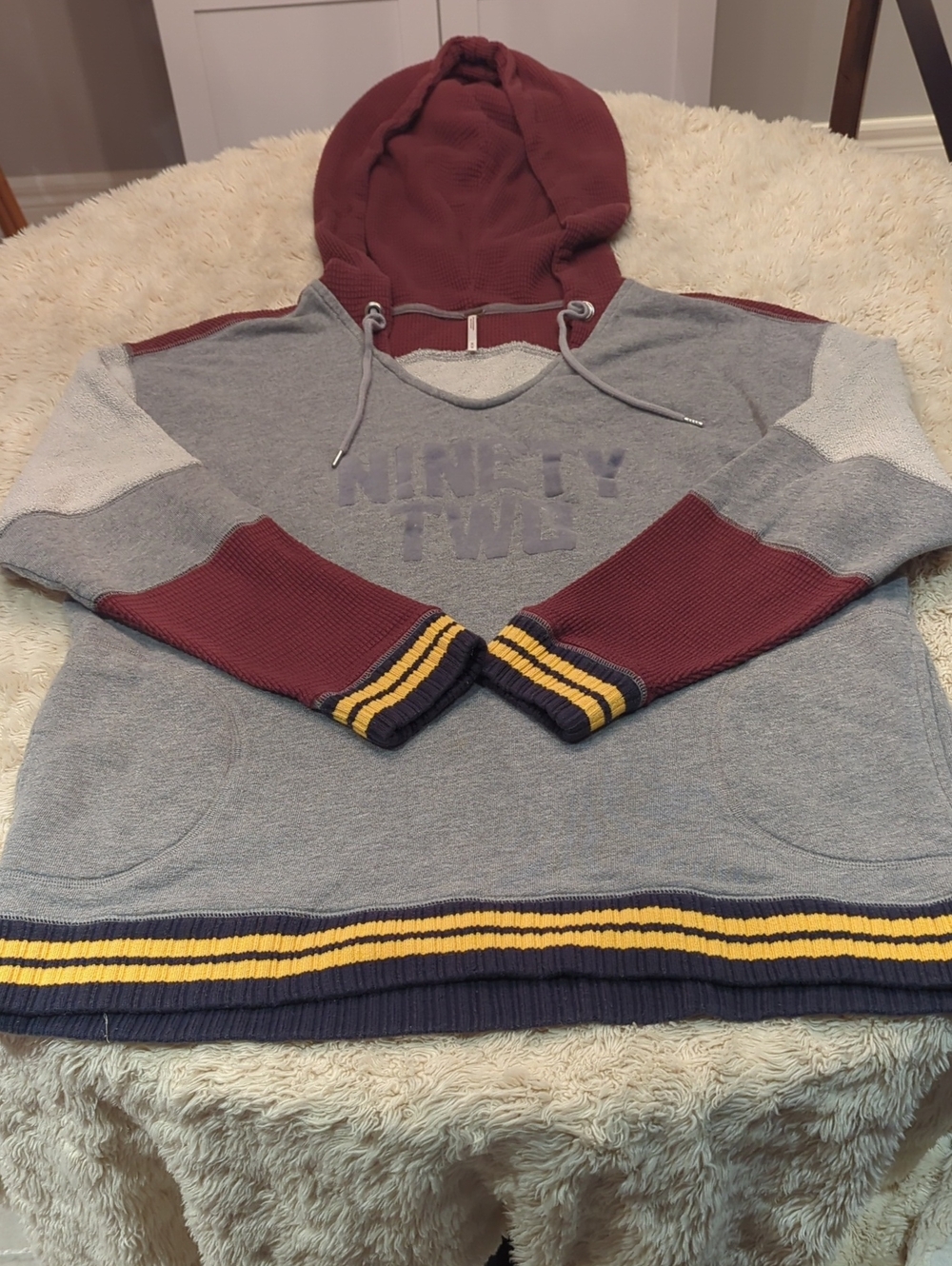 Free People Heather Gray Pullover Hoodie with Maroon Hood & Sleeve Panels